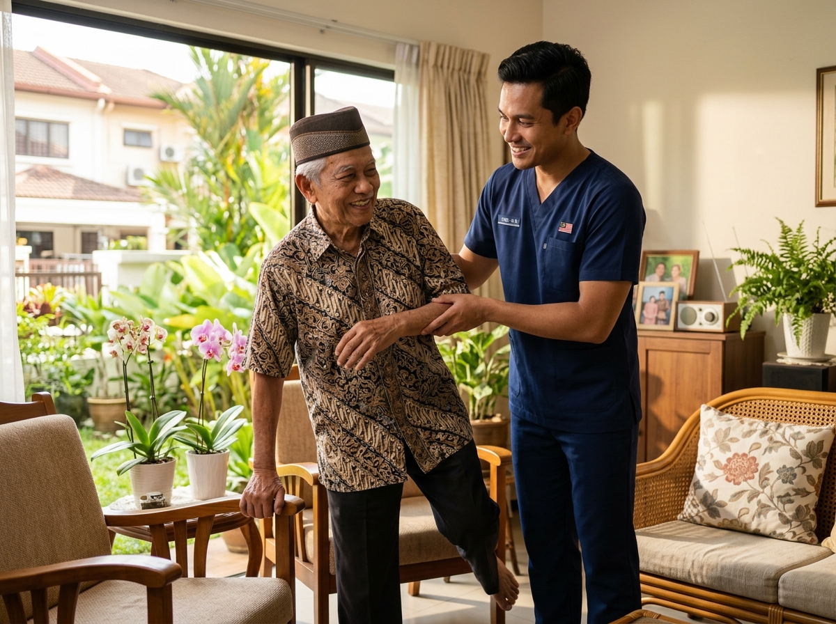 Malaysian Nurse Assisting Elderly Patient with Mobility